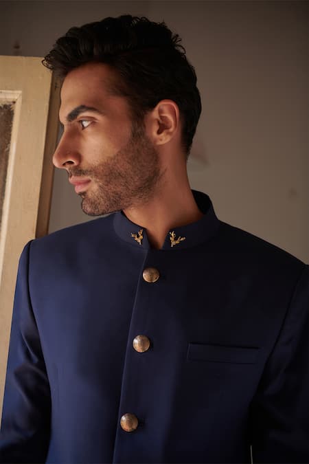 Philocaly Blue Wool Plain Bandhgala Set Online at Aza Fashions Philocaly_Blue Wool Plain Bandhgala Set _Online_at_Aza_Fashions