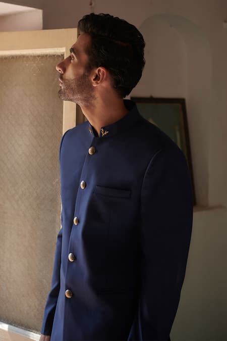 Buy Philocaly Blue Wool Plain Bandhgala Set Online at Aza Fashions Buy_Philocaly_Blue Wool Plain Bandhgala Set _Online_at_Aza_Fashions