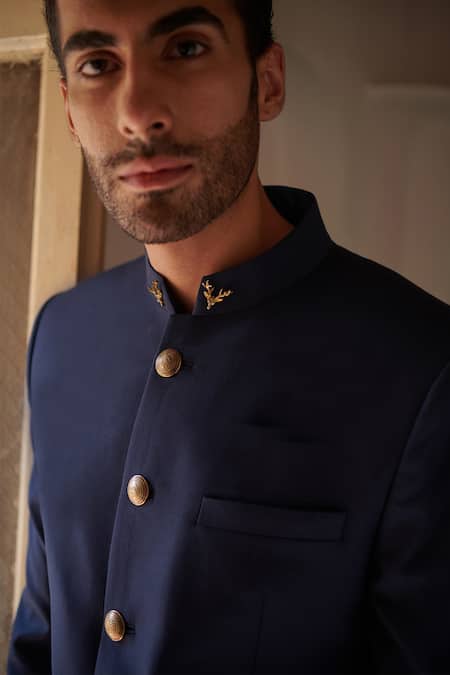 Shop Philocaly Blue Wool Plain Bandhgala Set Online at Aza Fashions Shop_Philocaly_Blue Wool Plain Bandhgala Set _Online_at_Aza_Fashions