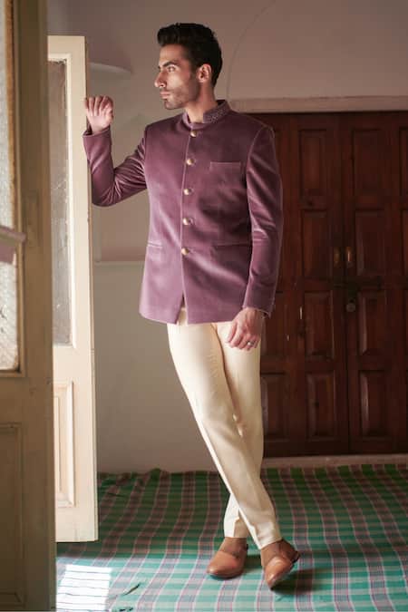 Philocaly Purple 100% Velvet Embroidery Cutdana Collar Bandhgala