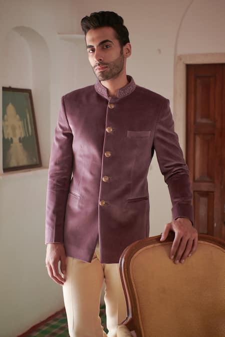 Shop Philocaly Purple Velvet Embroidery Collar Bandhgala at Aza Fashions Shop_Philocaly_Purple Velvet Embroidery Collar Bandhgala_at_Aza_Fashions