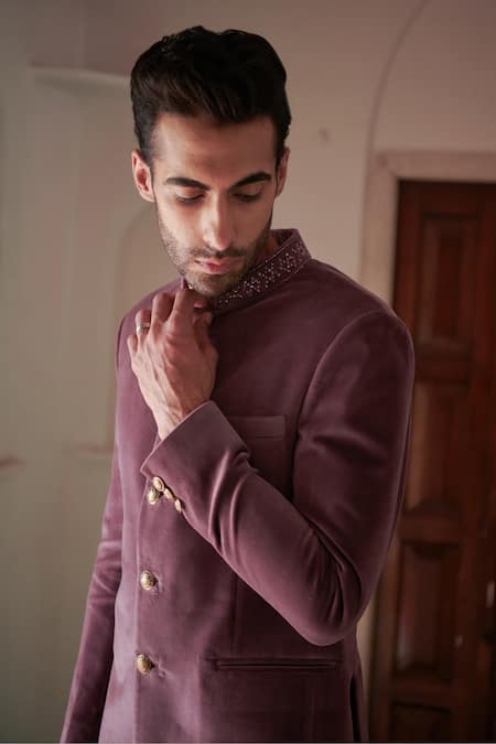 Philocaly Purple Velvet Embroidery Collar Bandhgala Online at Aza Fashions Philocaly_Purple Velvet Embroidery Collar Bandhgala_Online_at_Aza_Fashions