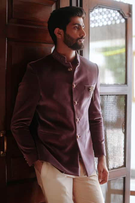 Buy Philocaly Purple Velvet Embroidery Collar Bandhgala Online at Aza Fashions Buy_Philocaly_Purple Velvet Embroidery Collar Bandhgala_Online_at_Aza_Fashions