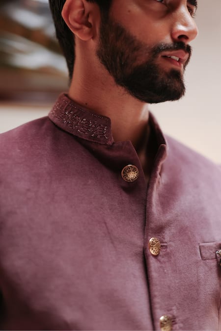 Shop Philocaly Purple Velvet Embroidery Collar Bandhgala Online at Aza Fashions Shop_Philocaly_Purple Velvet Embroidery Collar Bandhgala_Online_at_Aza_Fashions