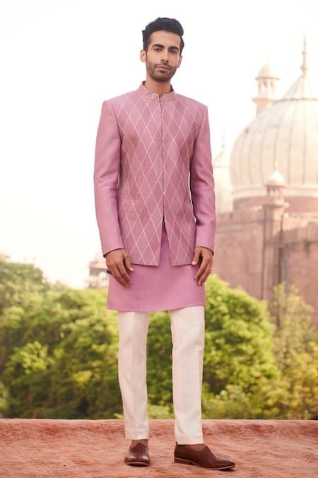 Philocaly Pink 100% Silk Embroidery Kantha Stitchline Dhara Work Bandhgala 