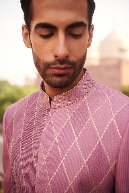 Philocaly_Pink Silk Embroidery Dhara Kantha Work Bandhgala _Online_at_Aza_Fashions