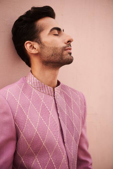 Buy_Philocaly_Pink Silk Embroidery Dhara Kantha Work Bandhgala _Online_at_Aza_Fashions