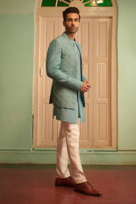 Shop_Philocaly_Blue Silk, Cotton Cut Work, Embroidery Naksha Bandhgala And Kurta Set _at_Aza_Fashions