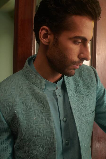 Philocaly_Blue Silk, Cotton Cut Work, Embroidery Naksha Bandhgala And Kurta Set _Online_at_Aza_Fashions