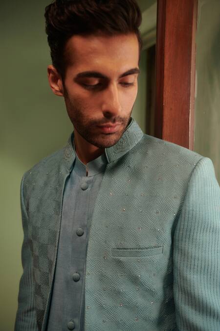 Buy_Philocaly_Blue Silk, Cotton Cut Work, Embroidery Naksha Bandhgala And Kurta Set _Online_at_Aza_Fashions