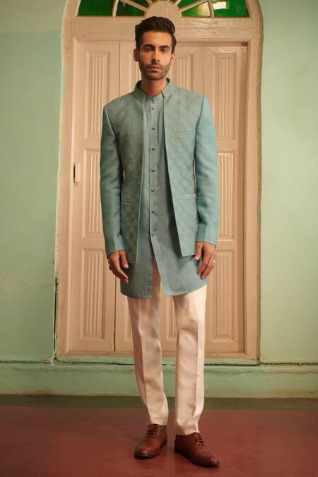 Shop_Philocaly_Blue Silk, Cotton Cut Work, Embroidery Naksha Bandhgala And Kurta Set _Online_at_Aza_Fashions