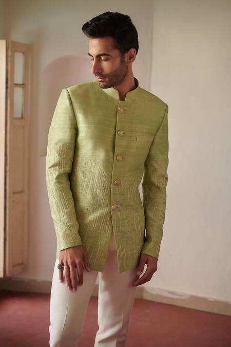 Buy_Philocaly_Green Silk Embroidery Vriksh Stitchline Thread Work Bandhgala _Online_at_Aza_Fashions