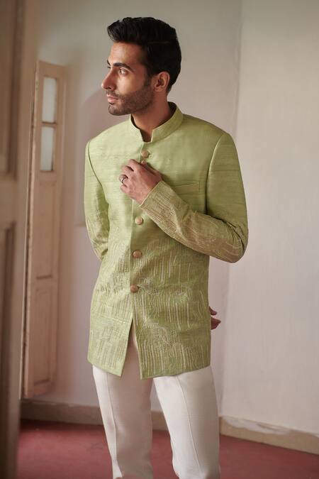 Shop_Philocaly_Green Silk Embroidery Vriksh Stitchline Thread Work Bandhgala _Online_at_Aza_Fashions