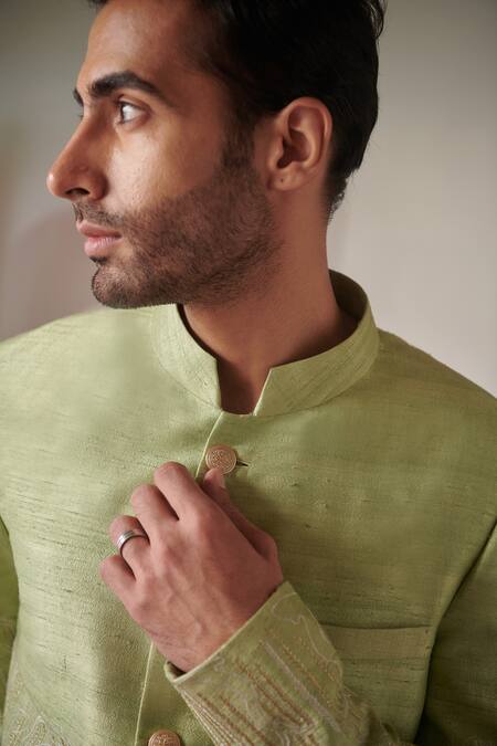 Philocaly_Green Silk Embroidery Vriksh Stitchline Thread Work Bandhgala _at_Aza_Fashions