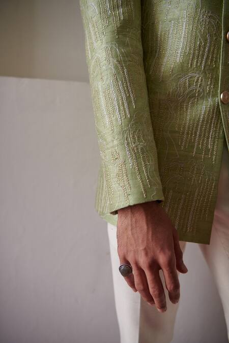 Buy_Philocaly_Green Silk Embroidery Vriksh Stitchline Thread Work Bandhgala 