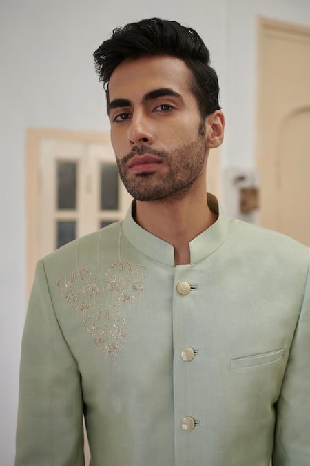 Philocaly_Green Silk Cut Work Pushp Floral Embroidered Bandhgala _Online_at_Aza_Fashions