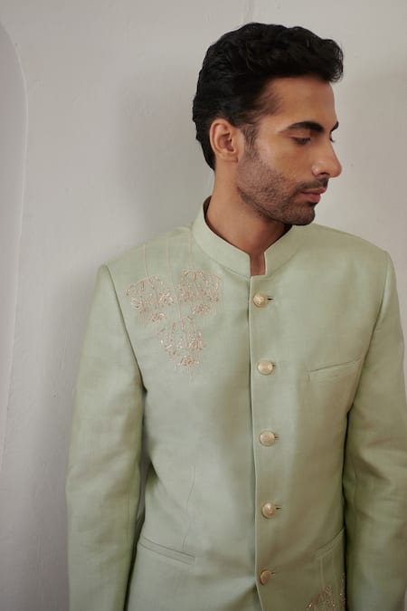 Buy_Philocaly_Green Silk Cut Work Pushp Floral Embroidered Bandhgala _Online_at_Aza_Fashions