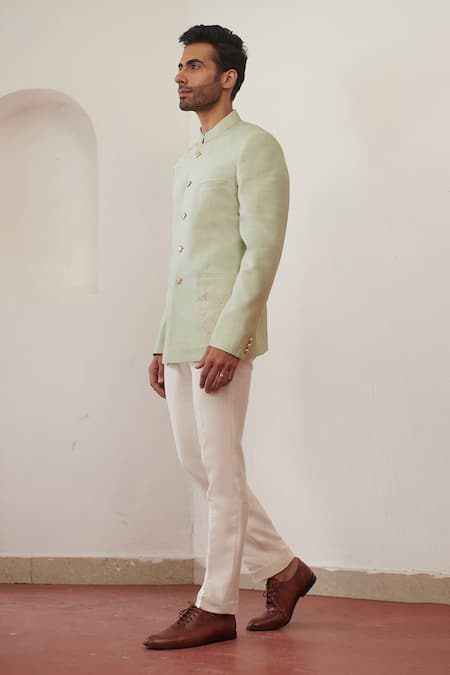 Shop_Philocaly_Green Silk Cut Work Pushp Floral Embroidered Bandhgala _Online_at_Aza_Fashions