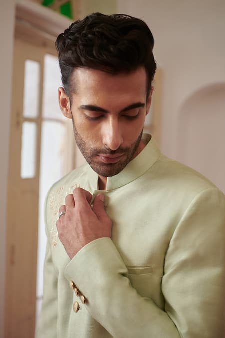 Philocaly_Green Silk Cut Work Pushp Floral Embroidered Bandhgala _at_Aza_Fashions