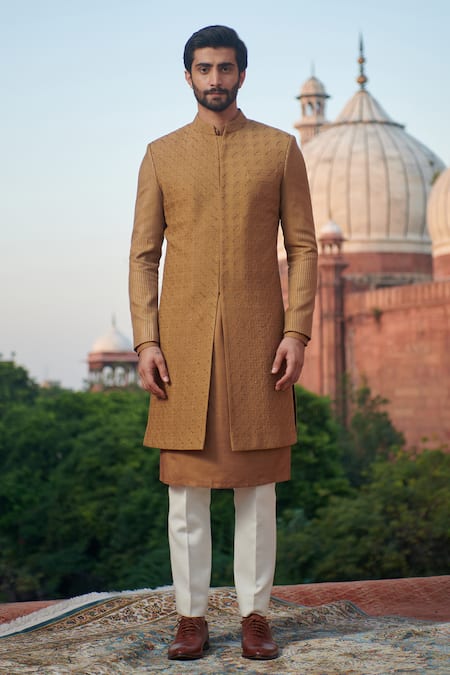 Philocaly_Yellow Cotton, Silk Cut Work, Embroidery Geometric Textured Bandhgala _Online_at_Aza_Fashions