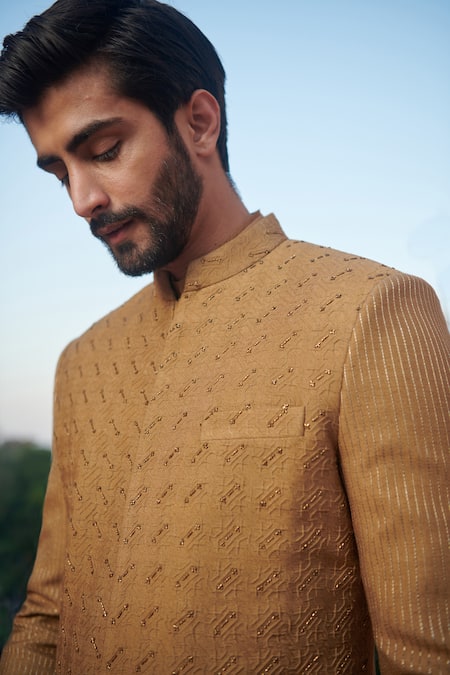 Buy_Philocaly_Yellow Cotton, Silk Cut Work, Embroidery Geometric Textured Bandhgala _Online_at_Aza_Fashions