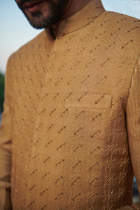 Shop_Philocaly_Yellow Cotton, Silk Cut Work, Embroidery Geometric Textured Bandhgala _Online_at_Aza_Fashions