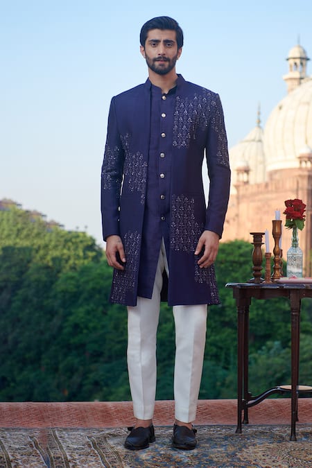 Shop_Philocaly_Blue Silk Cut Work, Sequins Bluesette Embroidered Bandhgala And Kurta Set _at_Aza_Fashions