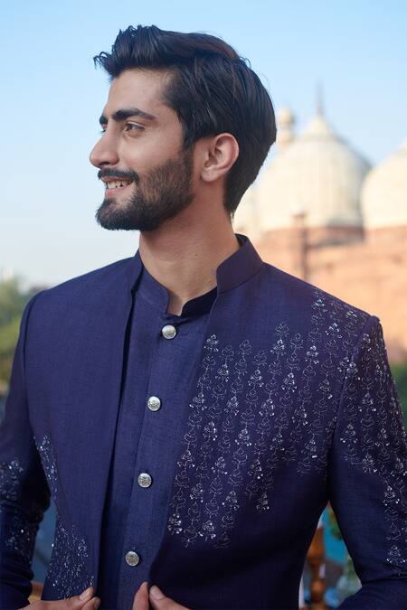 Philocaly_Blue Silk Cut Work, Sequins Bluesette Embroidered Bandhgala And Kurta Set _Online_at_Aza_Fashions