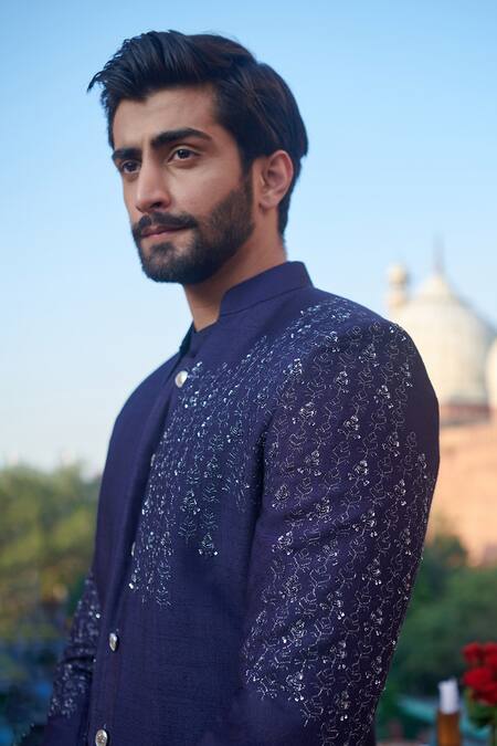 Buy_Philocaly_Blue Silk Cut Work, Sequins Bluesette Embroidered Bandhgala And Kurta Set _Online_at_Aza_Fashions