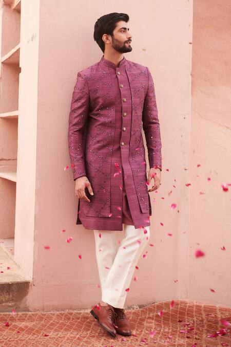 Philocaly Magenta Silk Mirrors, Embroidery Gazal Work Achkan Set Online at Aza Fashions Philocaly_Magenta Silk Mirrors, Embroidery Gazal Work Achkan Set _Online_at_Aza_Fashions