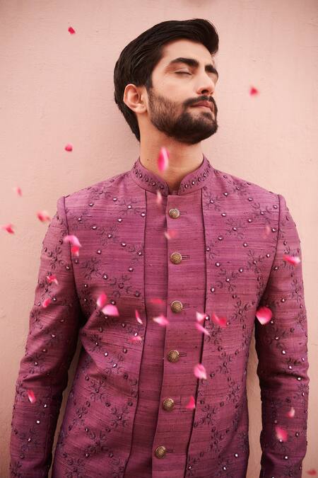 Shop Philocaly Magenta Silk Mirrors, Embroidery Gazal Work Achkan Set Online at Aza Fashions Shop_Philocaly_Magenta Silk Mirrors, Embroidery Gazal Work Achkan Set _Online_at_Aza_Fashions