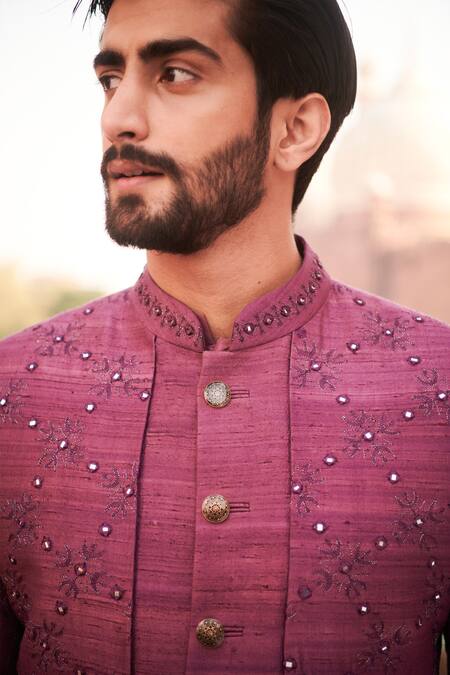 Philocaly Magenta Silk Mirrors, Embroidery Gazal Work Achkan Set at Aza Fashions Philocaly_Magenta Silk Mirrors, Embroidery Gazal Work Achkan Set _at_Aza_Fashions