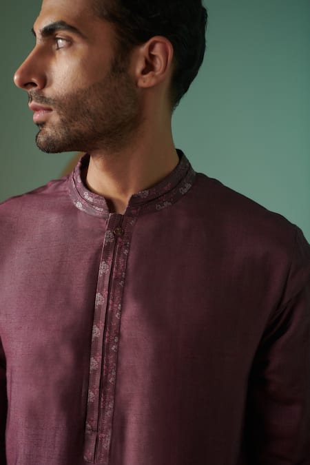 Philocaly_Purple Cotton, Silk Embroidery Reverie Placket Kurta _Online_at_Aza_Fashions