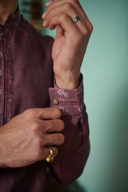 Buy_Philocaly_Purple Cotton, Silk Embroidery Reverie Placket Kurta _Online_at_Aza_Fashions