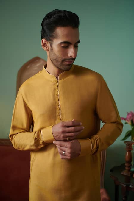 Shop_Philocaly_Yellow Cotton, Silk Embroidery Citrine Pipe Work Kurta _at_Aza_Fashions