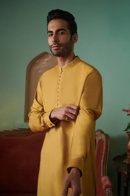 Philocaly_Yellow Cotton, Silk Embroidery Citrine Pipe Work Kurta _Online_at_Aza_Fashions