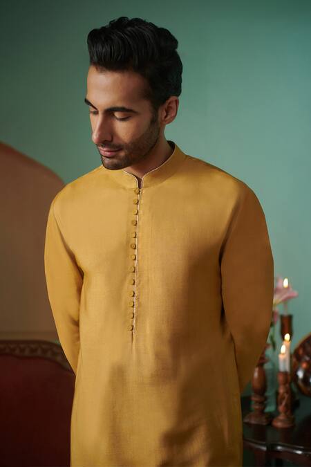 Buy_Philocaly_Yellow Cotton, Silk Embroidery Citrine Pipe Work Kurta _Online_at_Aza_Fashions