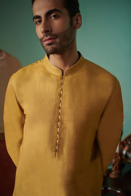 Shop_Philocaly_Yellow Cotton, Silk Embroidery Citrine Pipe Work Kurta _Online_at_Aza_Fashions
