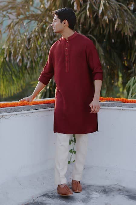 Shop Philocaly Maroon Cotton, Silk Embroidery Garnet Kurta at Aza Fashions Shop_Philocaly_Maroon Cotton, Silk Embroidery Garnet Kurta _at_Aza_Fashions