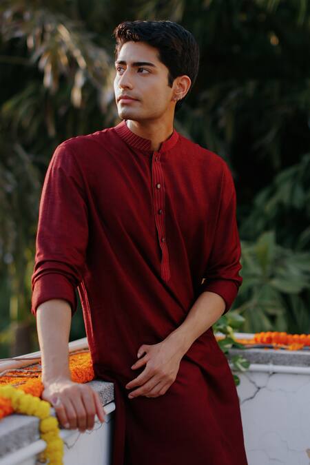 Philocaly Maroon Cotton, Silk Embroidery Garnet Kurta Online at Aza Fashions Philocaly_Maroon Cotton, Silk Embroidery Garnet Kurta _Online_at_Aza_Fashions