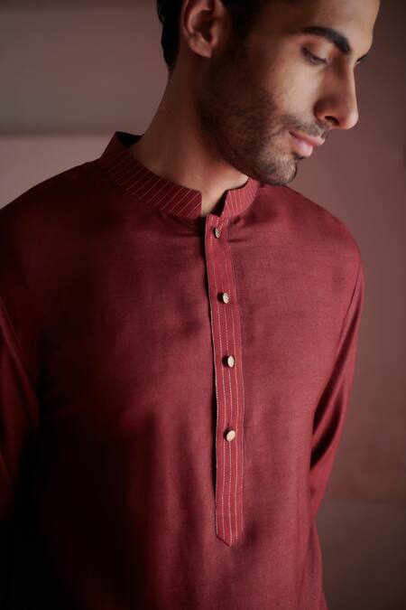 Shop Philocaly Maroon Cotton, Silk Embroidery Garnet Kurta Online at Aza Fashions Shop_Philocaly_Maroon Cotton, Silk Embroidery Garnet Kurta _Online_at_Aza_Fashions