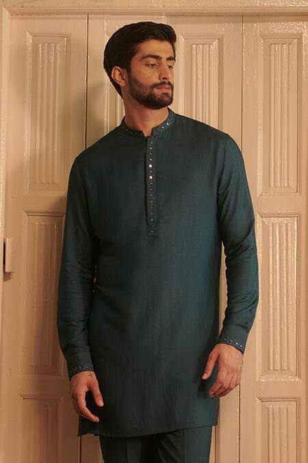 Philocaly_Green Silk, Cotton Mirrors, Embroidery Neel Placket Kurta _Online_at_Aza_Fashions