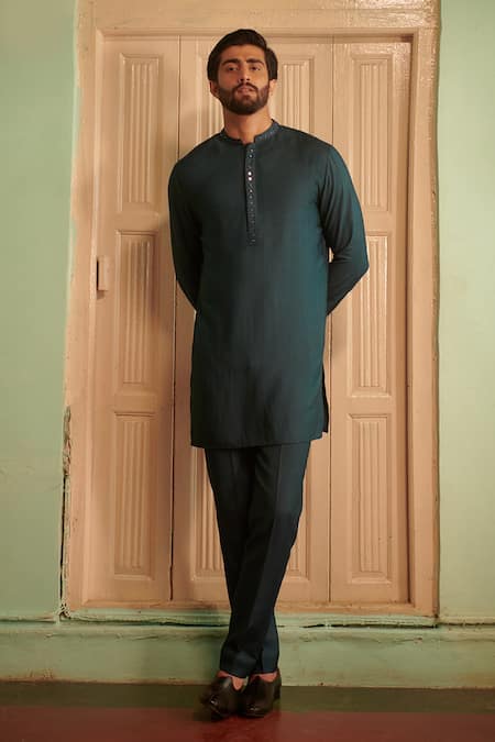 Shop_Philocaly_Green Silk, Cotton Mirrors, Embroidery Neel Placket Kurta _at_Aza_Fashions