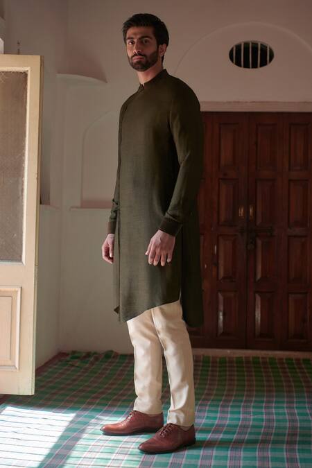 Philocaly_Green Cotton, Silk Harit Asymmetric Embroidered Kurta _Online_at_Aza_Fashions