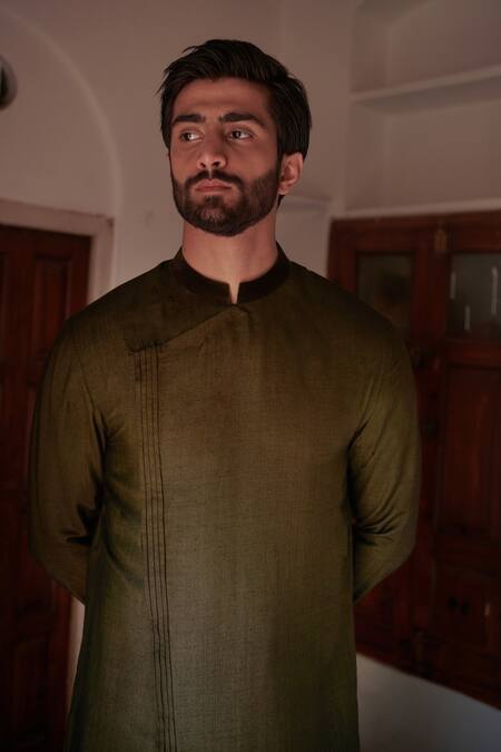 Shop_Philocaly_Green Cotton, Silk Harit Asymmetric Embroidered Kurta _Online_at_Aza_Fashions