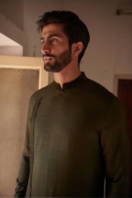 Philocaly_Green Cotton, Silk Harit Asymmetric Embroidered Kurta _at_Aza_Fashions