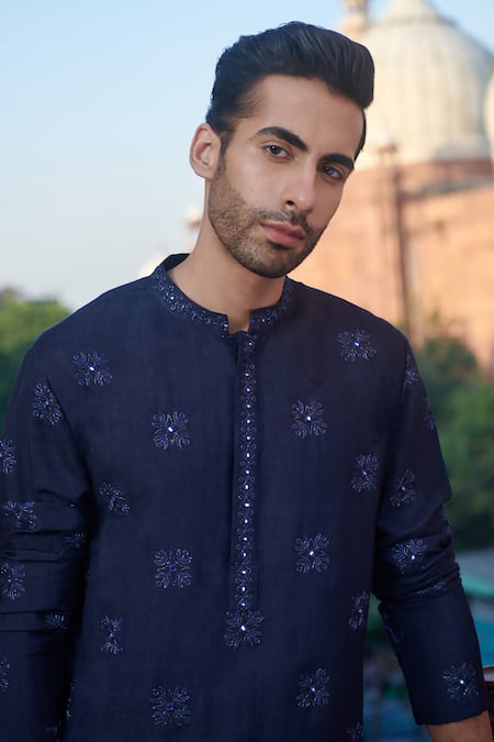 Shop Philocaly Blue Cotton, Silk Embroidery Aibek Kurta at Aza Fashions Shop_Philocaly_Blue Cotton, Silk Embroidery Aibek Kurta _at_Aza_Fashions