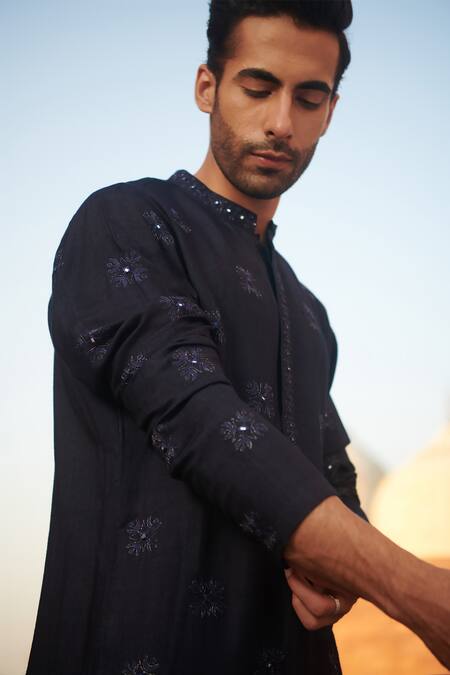 Philocaly Blue Cotton, Silk Embroidery Aibek Kurta Online at Aza Fashions Philocaly_Blue Cotton, Silk Embroidery Aibek Kurta _Online_at_Aza_Fashions