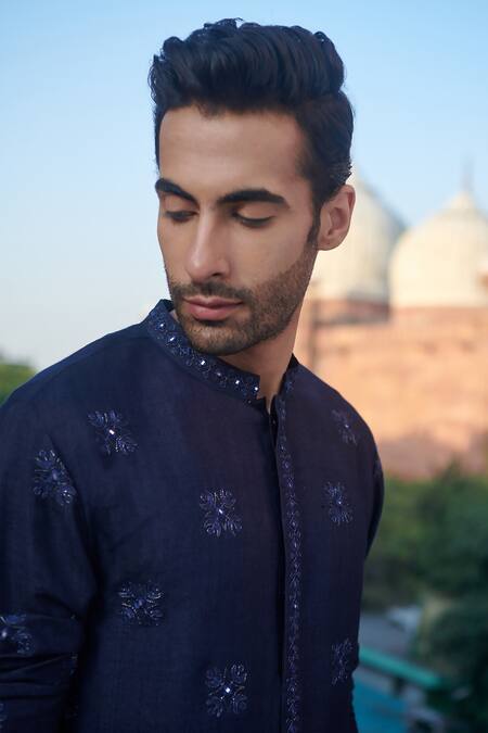 Shop Philocaly Blue Cotton, Silk Embroidery Aibek Kurta Online at Aza Fashions Shop_Philocaly_Blue Cotton, Silk Embroidery Aibek Kurta _Online_at_Aza_Fashions