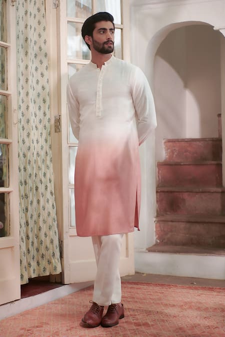 Shop_Philocaly_Orange Cotton, Silk Sequins Surya Placket Embroidered Kurta _at_Aza_Fashions